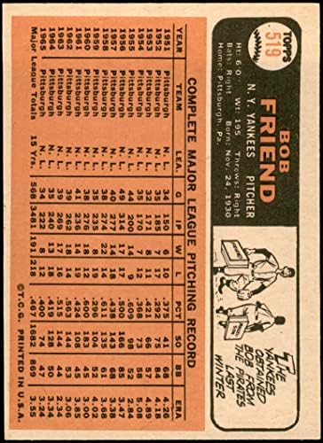 1966. Topps # 519 Bob Friend New York Yankees Ex / Mt Yankees