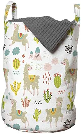Lunarable Lama torba za pranje veša, repetitivni crtani stil dizajna biljke Cactus Južnoamerička pustinjska stvorenja, korpa za korpe
