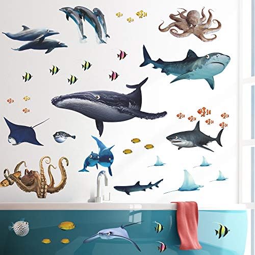 Amaonm uklonjiva 3D uklonjiva ispod morske ribe zidne naljepnice DIY ocean životinje Zidne naljepnice kita, morskog psa, zidni zid kore i lijepljenje umjetnosti za dječju sobu dječji dječak i djevojke