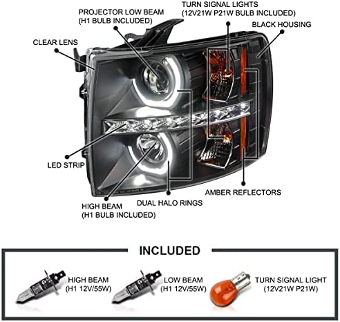 SPEC-D TUNING crno kućište Clear Lens Halo projektor farovi w/LED kompatibilni sa 2007-2013 Chevy Silverado 1500, 2007-2014 Chevy