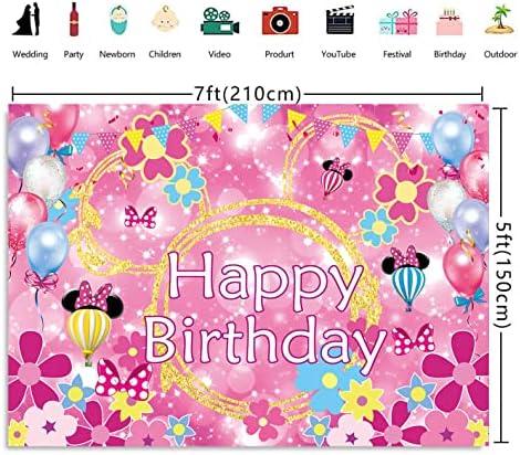 BINQOO 5x3ft Pink Mouse Happy Birthday Backdrop Glitter Gold Pink Mouse balloon Flower princeza Birthday Photo Background Baby Girls