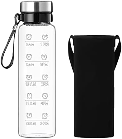 Rnckuue 1 litarna bočica od staklene vode - 32 oz Velike borosilikatne cijevi za piće za piće s vremenom markiranja, rukava, BPA besplatno