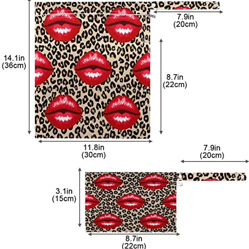 Vissunny Red Lip Leopard zrno 2pcs Promjena pelena Totes mokrim džepovima s patentnim zatvaračima za višekratnu upotrebu za više od