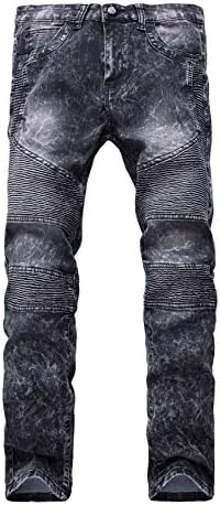 Andongnywell muški Biker srednjeg struka plisirani mršavi rastezljivi uznemireni farmerke tanke fit traper pantalone sa džepom sa patentnim zatvaračem Deco