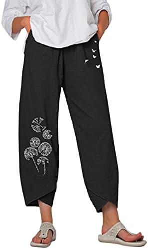Ubst ženske pamučne posteljine Print Wide-noga hlače dame casual labave cvijeće tiskane teretne pantalone ravne flare hlače