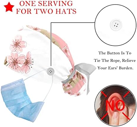 Medicinske kape za žene sa dugmićima Duge kose, 2 komada Podesiva radna kapa, cvjeta trešnje