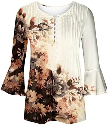 3/4 tunike za rukav za žene cvjetni tipka za cvjetni ispis V izrez casual bluza košulje nagnuto prednje labave fit pulover