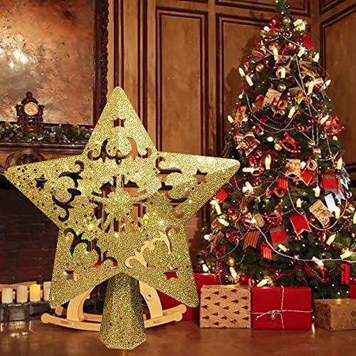 Fonrest božićno stablo osvijetljen rotirajućim 3D pahuljicama, 9 Zlatna sjajna zvezda star treetop svjetlo u zatvorenom Xmas ukrasima