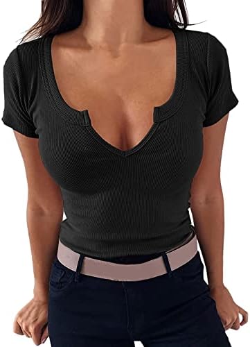Slatke grafičke težene žene V izrez rebrasta ugrađena ubrzana majica kratkih rukava Basic Plit Top