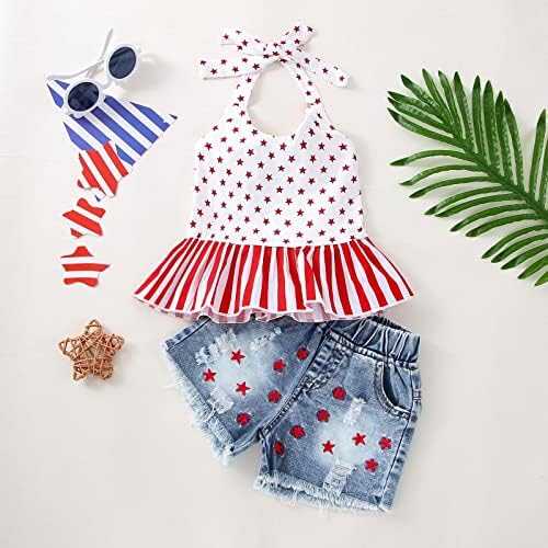Toddler Baby Girl American Outfits Ruffle Halter Tunic Top Star Striped Striped Shars Set