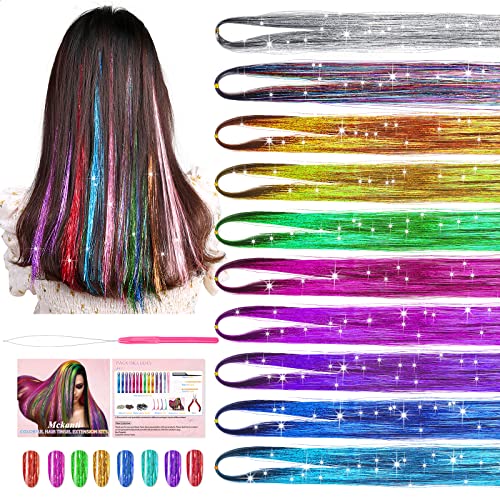Mckanti 10 boja komplet šljokica za kosu s alatom, 47 inča 2000 pramenova šljokice za kosu ekstenzije za žene djevojke, šljokice za