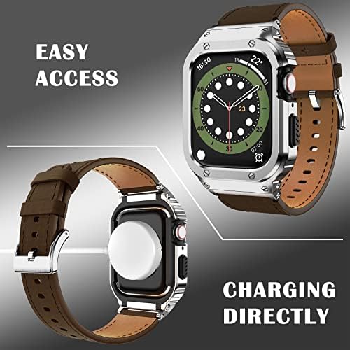Suvink metalna futrola sa kožnim satovima Kompatibilni Apple Watch Bands 38/40 / 41/42/44 / 45 mm, nehrđajući čelik Čvrsto zaštitni