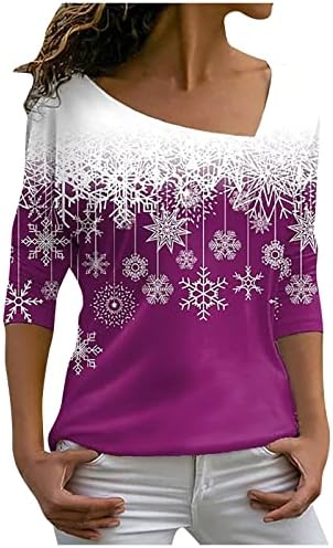 Fandream Funny Božić majice za žene kosi ovratnik Sretan Božić T Shirt opremljen opušten ženski trening vrhova