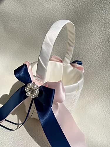 Uwedding Lace Pearl jastuk za vjenčani prsten nosilac 8,26 inča sa ružičastom tamnoplavom mašnom od mašne od Rhinestone broša dekor