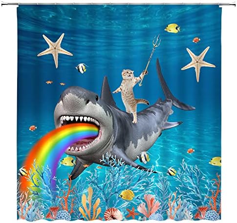 Plavi ocean podvodni zavjesa za tuširanje smiješna mačka mačića jahanje morski pas kita dugina šarena koralna tropska riba zvijezda