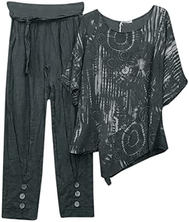 Ženske ležerne printere o izrez košulju s visokim strukom Labavi džep na dve komada gornjih i donjih seta telo odijeva hlače za
