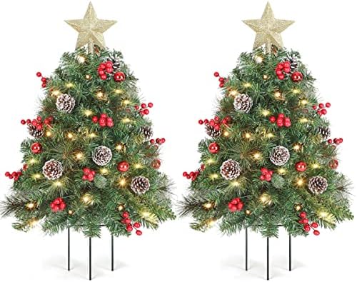 Oasiscraft 33inch staza božićna drveća, presvijetljena umjetna vanjska stabla božićna stabla set od 2 i snijega pala božićna vijenca