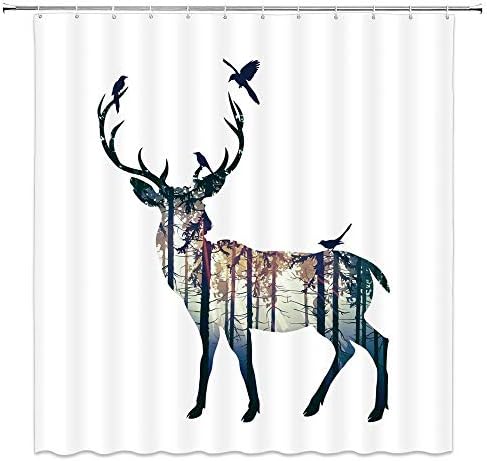 Jelena zastava za tuširanje Wild Animal Elk ptica borove gusje Magla šumska priroda lov silueta Moderna kabina minimalistička umjetnička