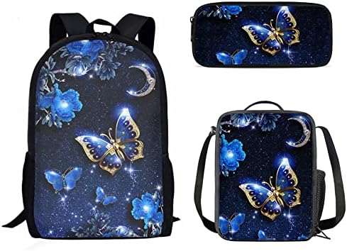 Cozeyat Bling leptiri plavi rameni kompleti ruksaka, 3 u 1 školske torbe sa torbom za ručak i Pernicom, studenti djevojke Casual Bookbag