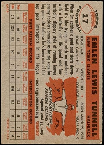 1956 TOPPS 17 Emlen Tunell New York Giants-FB VG / Ex Giants-FB Iowa / Toledo