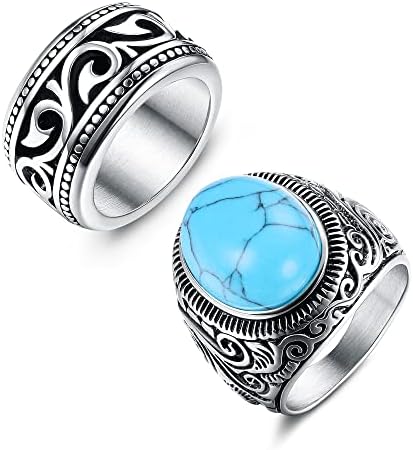 Fibo čelični prstenovi od nerđajućeg čelika za muškarce Vintage kameni prstenovi tirkizni prstenovi Biker prstenovi Set Veličina 7-12