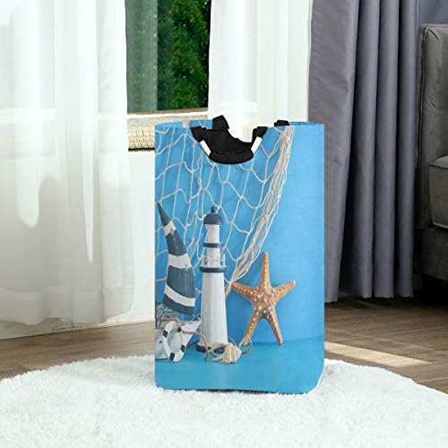 Yyzzh Nautička tema sailboat Lighthouse Starfish Seashells mrežasta plava drvena velika torba za veš korpa torba za kupovinu sklopiva