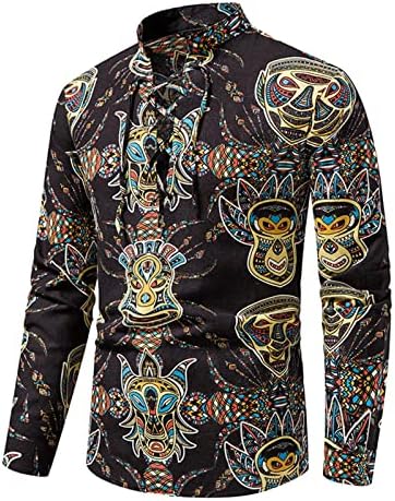 Vrhovi za muške dugih rukava ovratnik majica etničke print pamučne posteljine casual tees majice pulover bluzu