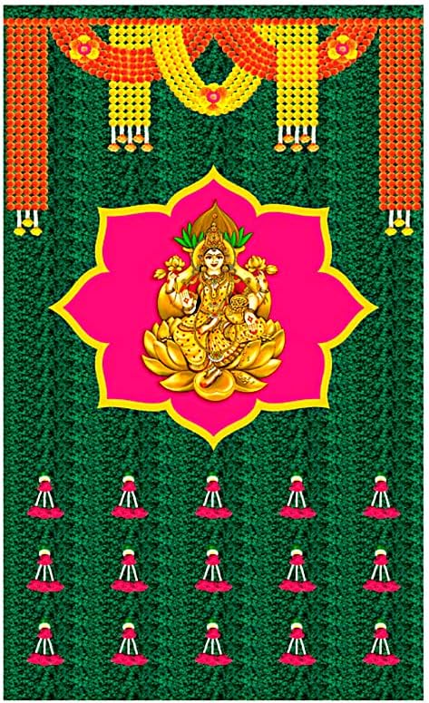 SATVIK 8x5ft. Pozadina od tkanine za Pooja Pujan Decor Lakshmi/Laxmi Idol Marigold Garland Print Indijski svečani Puja tkanina Mehndi