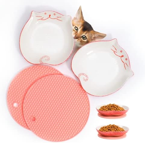 Thaigex 2 + 2 Keramička posuđa za hranu za hranu, mačka mokrim posudama za hranjenje širokim zdjelicama za stresno olakšanje mačaka