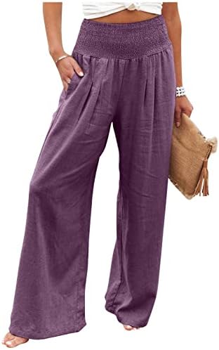 iyyvv ženske pamučne pantalone u boji slane boje elastične visoke struk široke noge nagnute casual labave pantalone sa džepovima