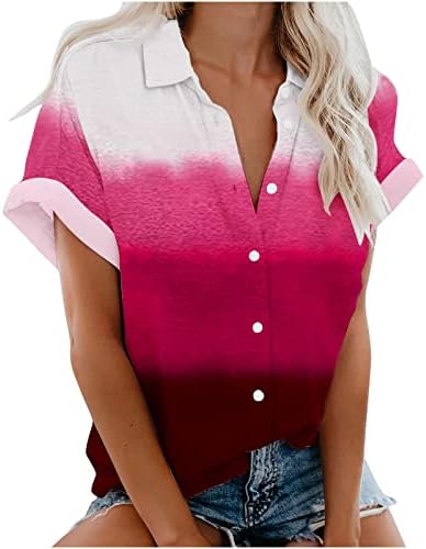 Button Down bluze za žene kratke rukave košulje V izrez kragne vrhovi boja blok štampana bluza Retro Gradient Tee Shirt