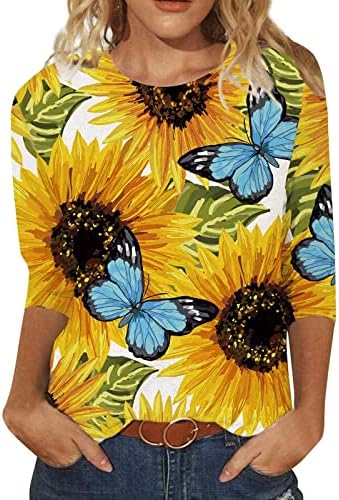 Annhoo Ženske bluze Suncokret cvjetni print Slim tunika Bluze Camisole Tshirts 3/4 rukava Crewneck Ležerne bluze 2023 fi
