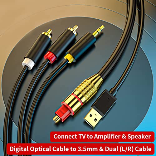 Edtran Digitalni optički audio kabl Toslink kabl - [24K pozlaćen] optički vlakno muški do dual RCA i 3,5 mm W / USB napajanje za kućno