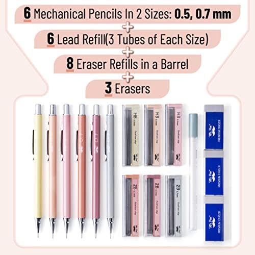 Mr. Pen - Boho mehanički set olovaka sa punjenjem olova i gumica, 6 pakovanja, Boho tema, 0.5 mm & 0.7 mm, slatke olovke, slatka mehanička
