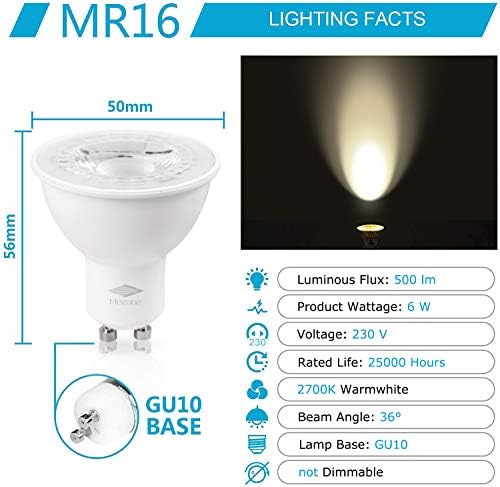 Mezone GU10 LED Sijalice 6W 500lm, 50W halogene sijalice ekvivalentne, toplo bijele 2700k, sijalice pod uglom snopa od 36°, AC 120V-240V