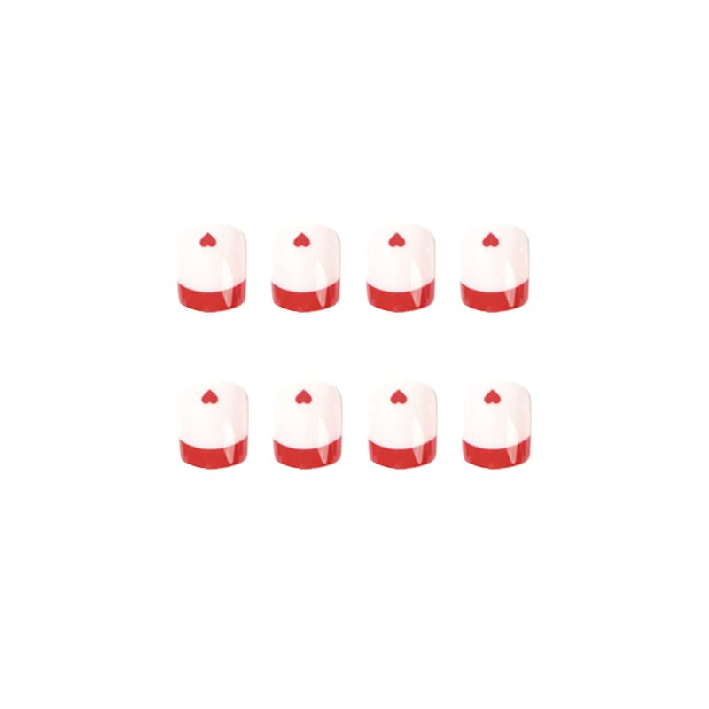 Slatki crveni francuski Savjeti Press na noktima kratki kvadratni DOCVOEOMH, crveni lažni nokti sa simpatičnim dizajnom srca, francuski