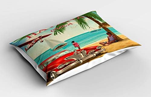 AMBESONNE PUT PILLOW SHAM, HAVANA CUBA Tematska retro poster poput grafike sa vintage automobilom na tropskoj plaži, ukrasna jastučnica