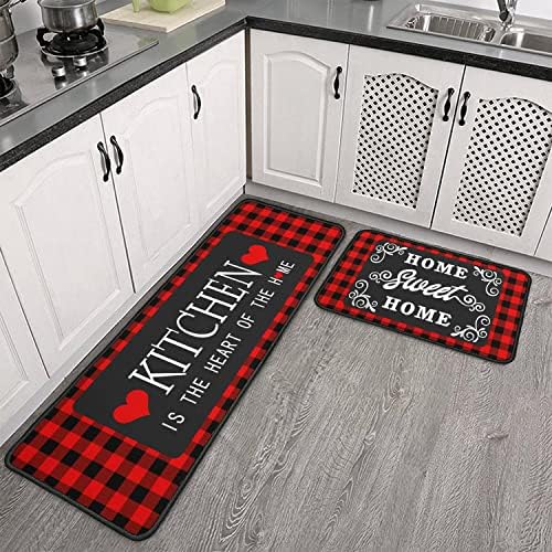 Sianseir crveni i crni Buffalo Plaid Kitchen Mat Set od 2, Neklizajući perivi Kućni dekor Kuhinjski Tepisi i prostirke za udobnost