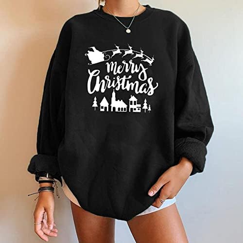 Sretan Božićni Duks od flisa za žene Dugi rukav pulover sa printom sa printom modne Casual prevelike majice