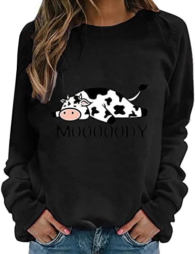 MRGIINRI 2023 Valentines Shirts za žene Dressy Casual Crewneck dugi rukavi duksevi Funny Cute cow Print pulover Tops