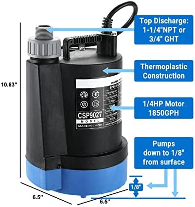Potopna pumpa za vodu, 1/3 HP 2450gph prenosive električne pumpe za vodu sa kablom od 10 stopa