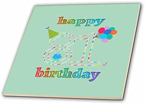 3drose sretan 81. rođendan, Cupcake sa svijećom, baloni, šešir, šareni-pločice