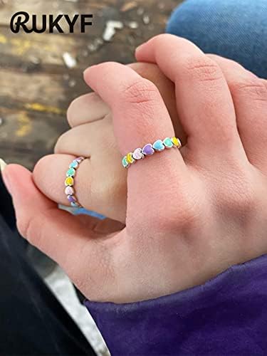RUKYF 925 Sterling Silver Rainbow Heart Rings za žene Teen Girls Hypoallergeni Dainty Colorful Heart Finger Rings Promise Ring for