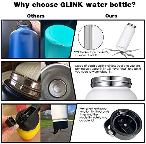 GLINK boca od nehrđajućeg čelika sa slamom, 12-64 oz Širokih uza dvostruki zidni vakuum izolirani otvor za izolaciju vode, slamnati poklopac i moto poklopac s novom rotirajućom gumenom ručicom