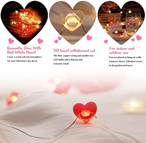 2 kom Valentinovo srce žičana svjetla, ukupno 20 ft 80 LED crveno bijelo srce svjetla na baterije Twinkle Fairy žičana svjetla s daljinskim