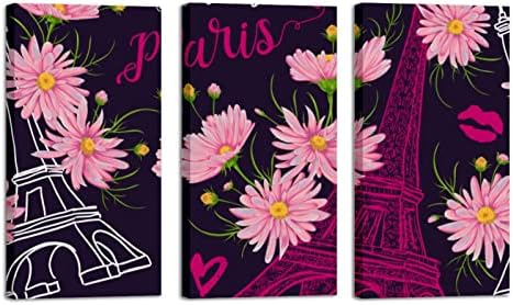 Zidna umjetnost za dnevni boravak, Vintage Pariz Eiffelov toranj ljubi srca ružičasto cvijeće kamilice uzorak uokviren dekorativno