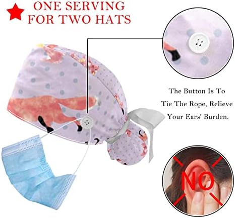Medicinske kape za žene sa tipkama Duga kosa, 2 komada Podesiva radna kapa, crtane lisice lisice