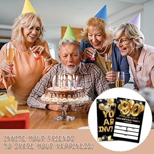 90. rođendanski pozivnice za rođendan, crno-zlatni mirno rođendan, dvostrano zlatno folija balon za popunjavanje za muškarce / žene,
