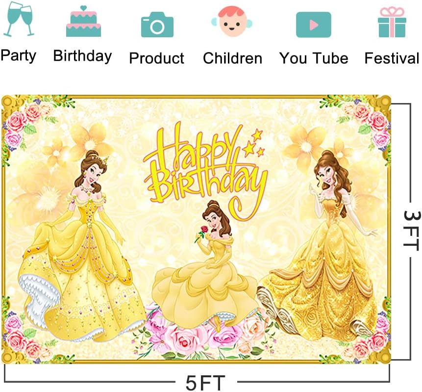 Žuta princeza pozadina potrepštine za rođendanske zabave 5x3ft Ljepotica i zvijer foto pozadine princeza Belle tema baner za tuširanje