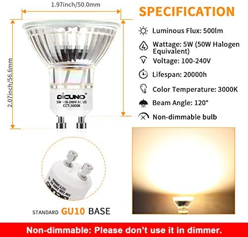 DiCUNO GU10 LED Sijalice 5W toplo bijele 3000k, 500lm, ugao snopa od 120 stepeni, reflektor, ekvivalent halogenih sijalica od 50W,
